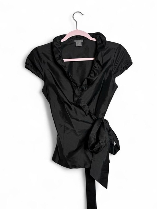 Ann Taylor Tops - Ann Taylor Black Satin Wrap Top with Ruffle Neck